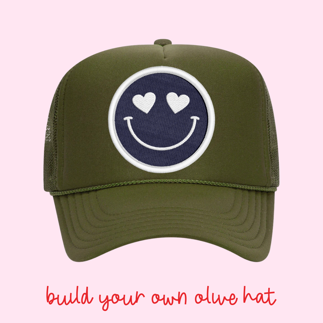 Build Your Own Olive Green Happy Heart Trucker Hat by Confettees