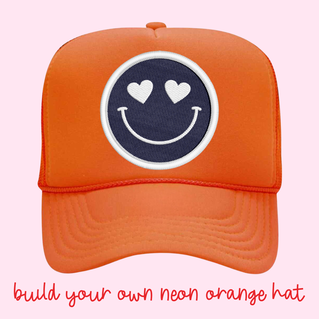 Build Your Own Neon Orange Happy Heart Trucker Hat by Confettees
