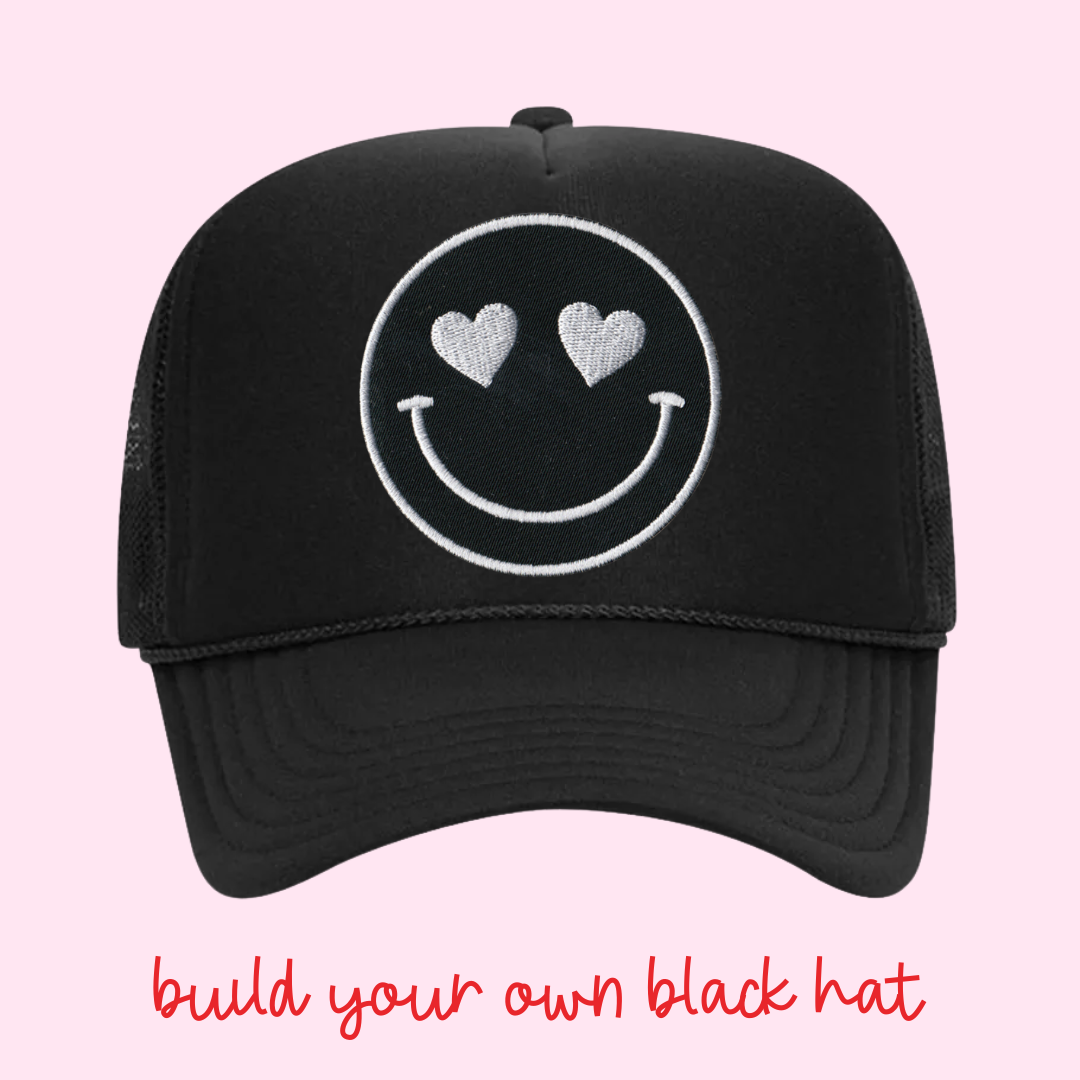 Build Your Own Black Happy Heart Trucker Hat by Confettees