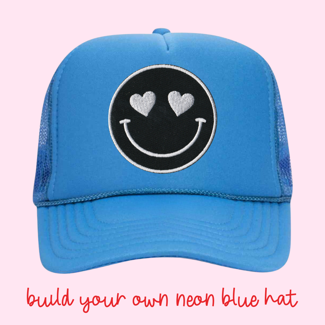 Build Your Own Neon Blue Happy Heart Trucker Hat by Confettees