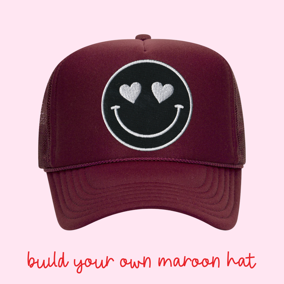 Build Your Own Maroon Happy Heart Trucker Hat by Confettees