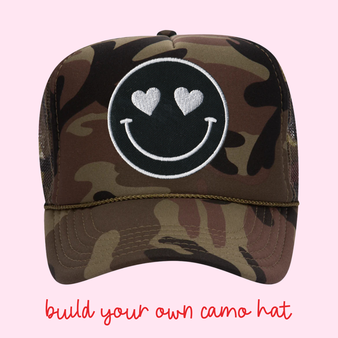 Build Your Own Camo Happy Heart Trucker Hat by Confettees