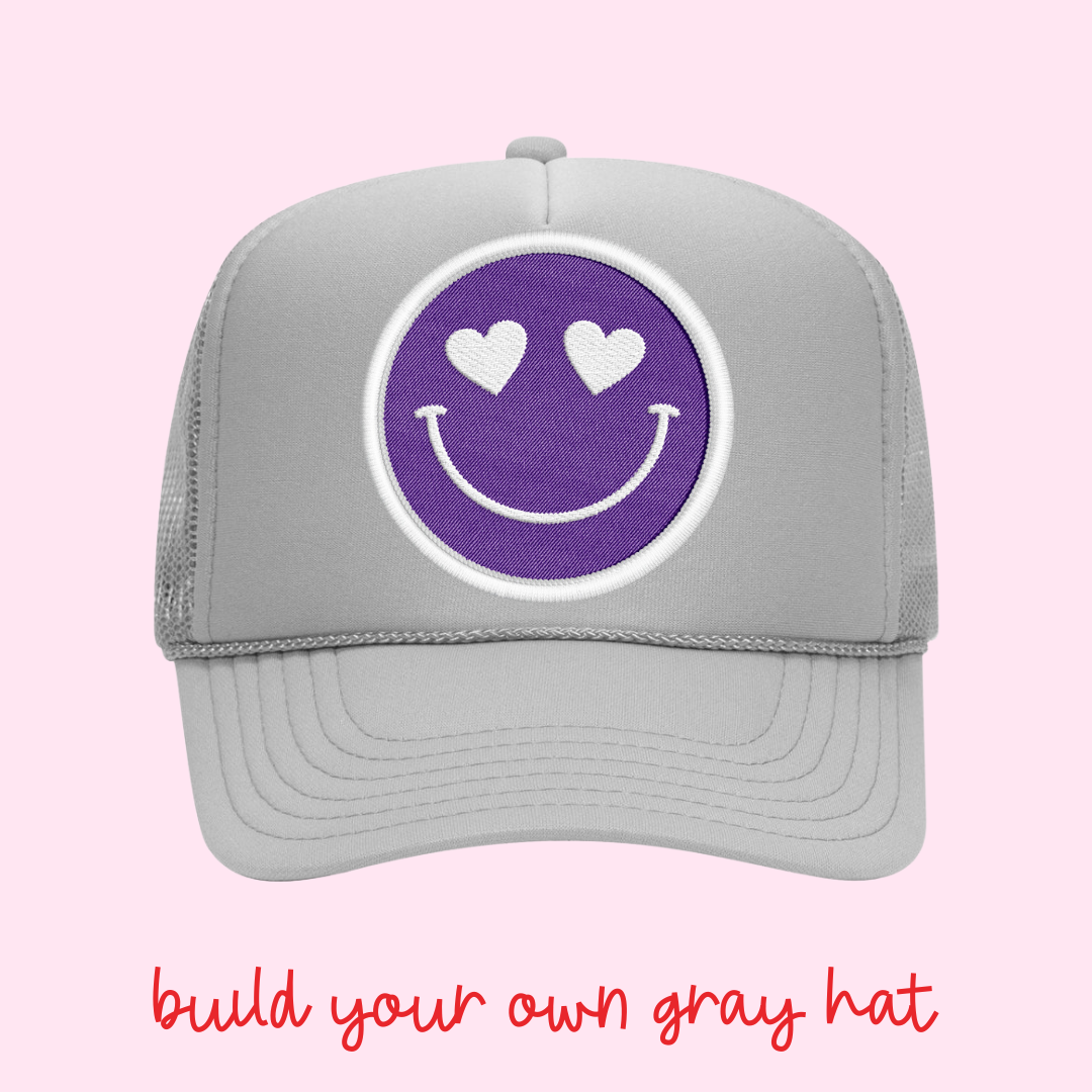 Build Your Own Gray Happy Heart Trucker Hat by Confettees