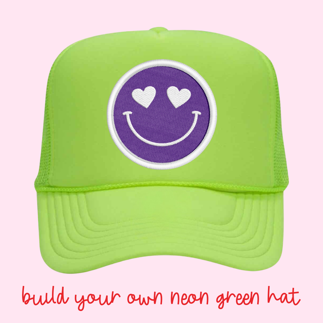 Build Your Own Neon Green Happy Heart Trucker Hat by Confettees