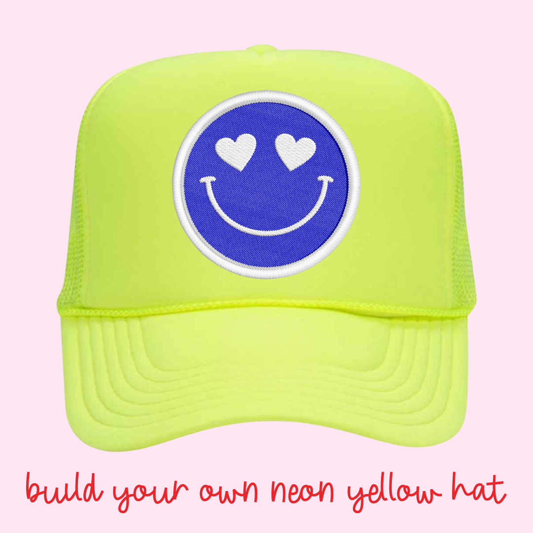 Build Your Own Neon Yellow Happy Heart Trucker Hat by Confettees
