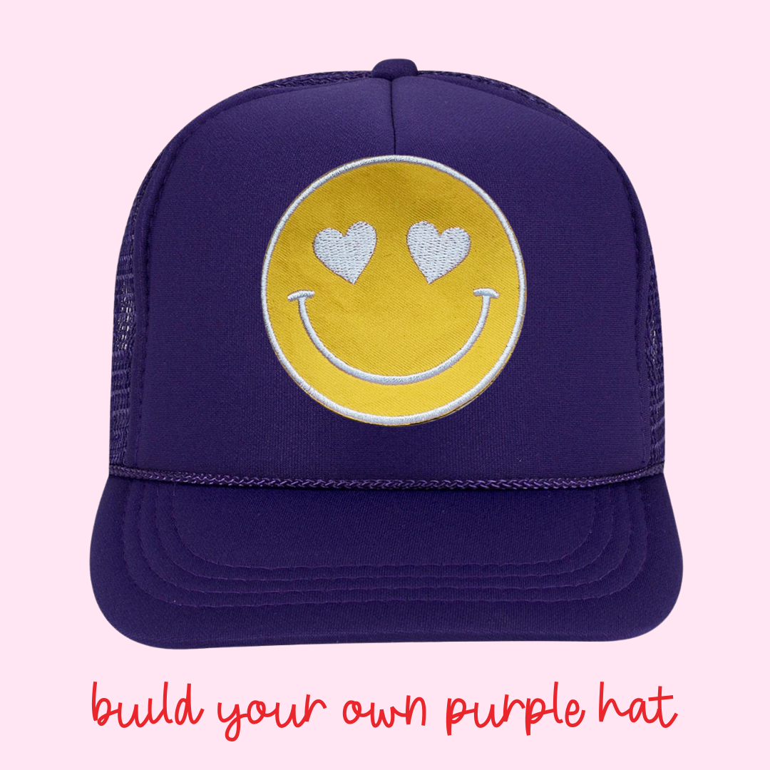 Build Your Own Purple Happy Heart Trucker Hat by Confettees