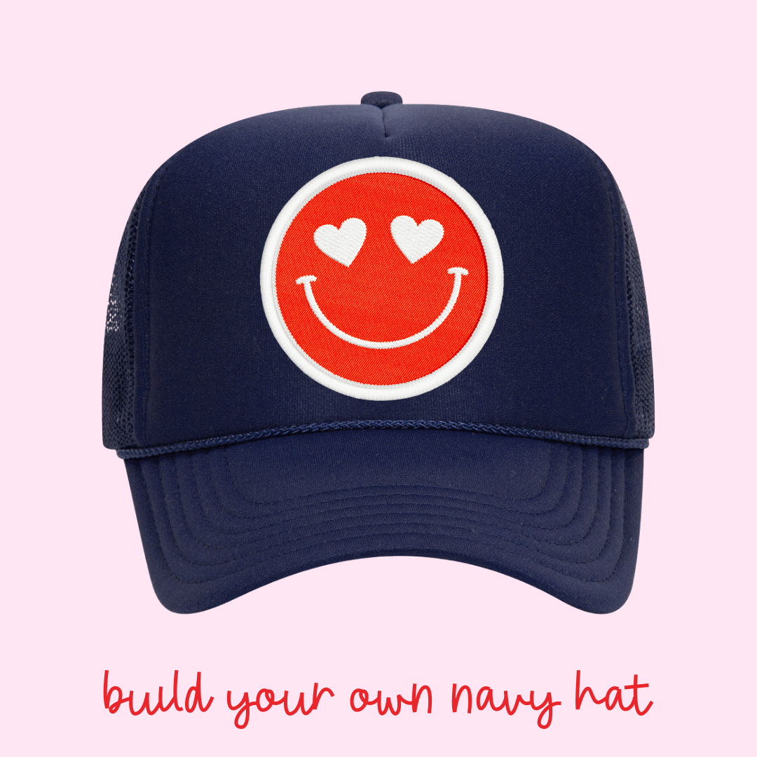 Build Your Own Navy Blue Happy Heart Trucker Hat by Confettees