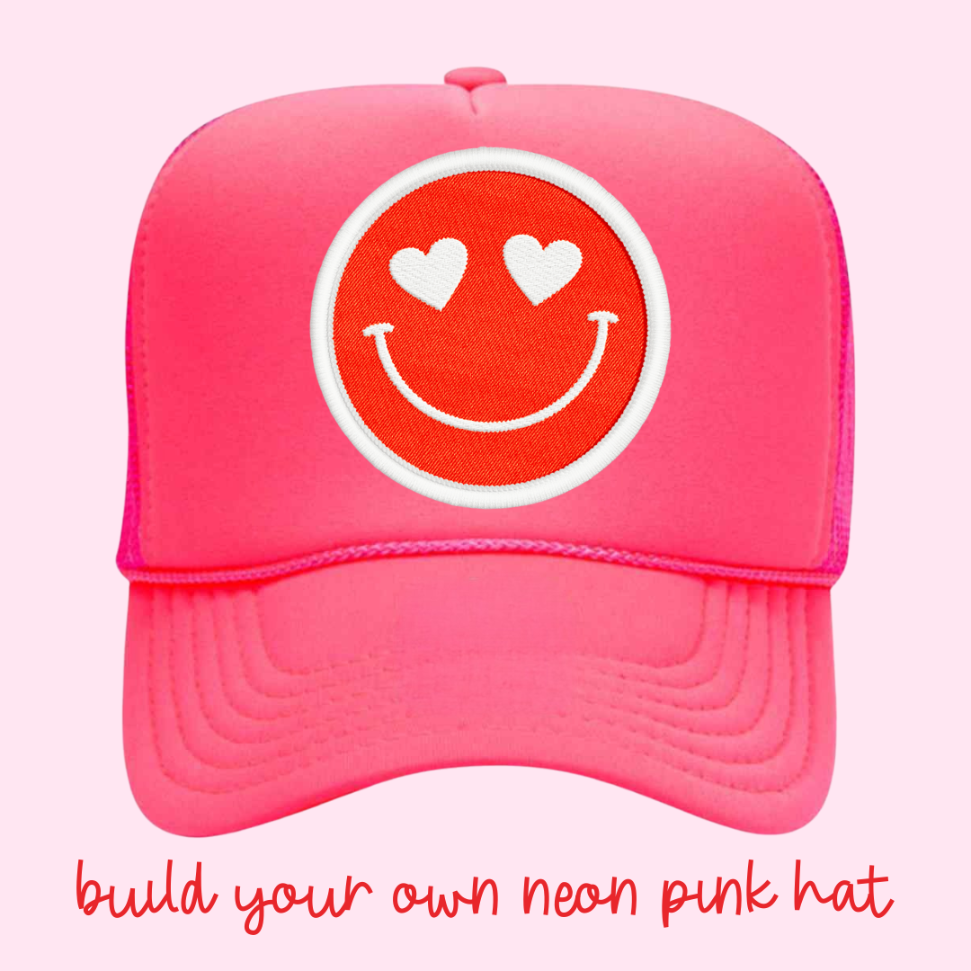 Build Your Own Neon Pink Happy Heart Trucker Hat by Confettees