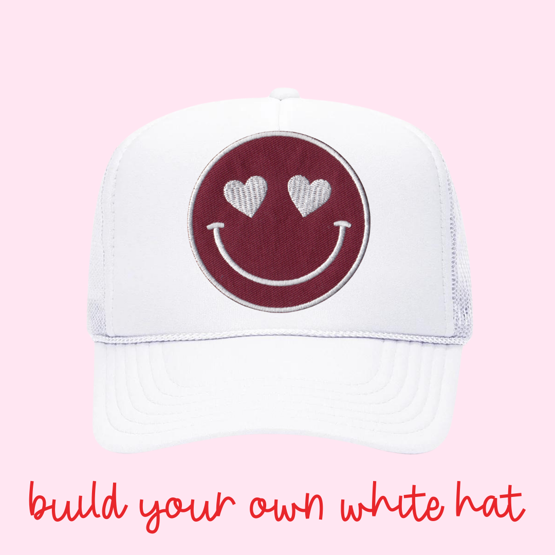 Build Your Own White Happy Heart Trucker Hat by Confettees
