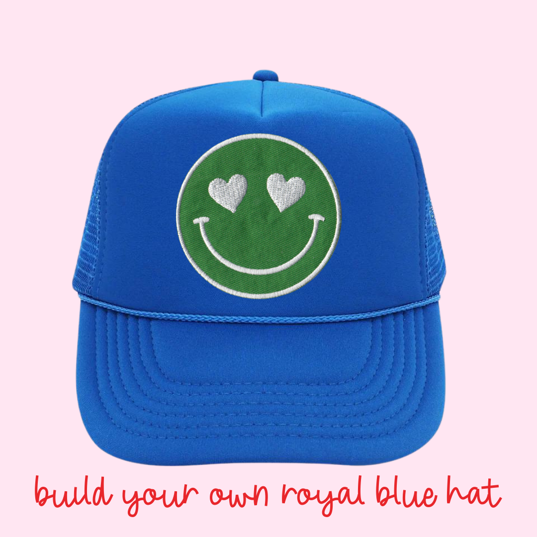 Build Your Own Royal Blue Happy Heart Trucker Hat by Confettees