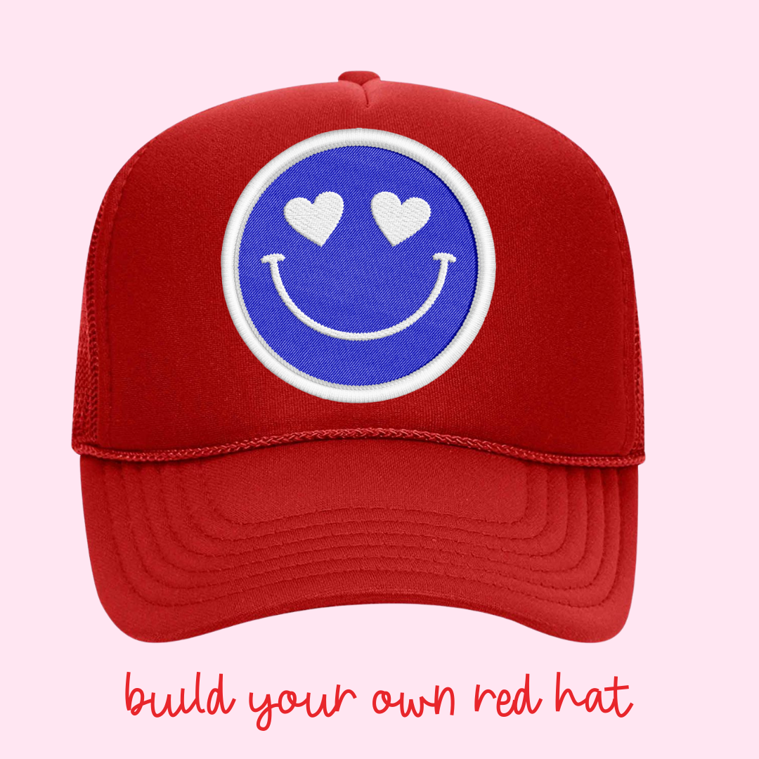 Build Your Own Red Happy Heart Trucker Hat by Confettees