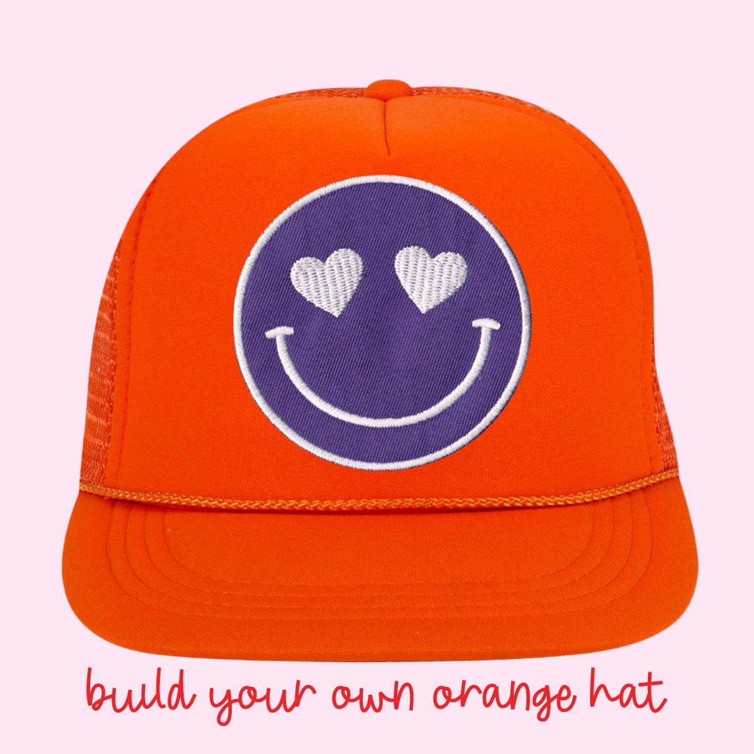 Build Your Own Orange Happy Heart Trucker Hat by Confettees