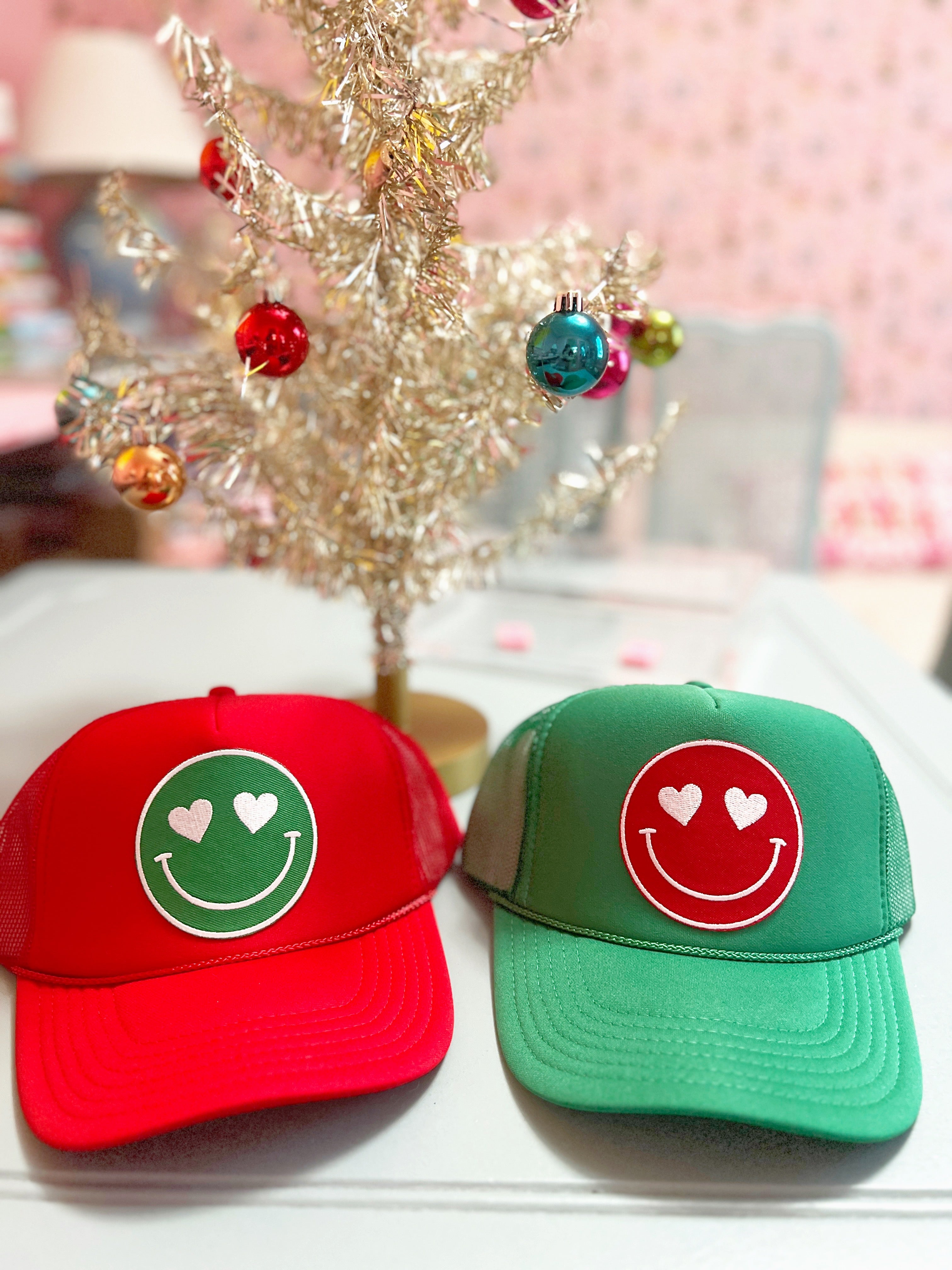 Build Your Own Red Happy Heart Trucker Hat by Confettees