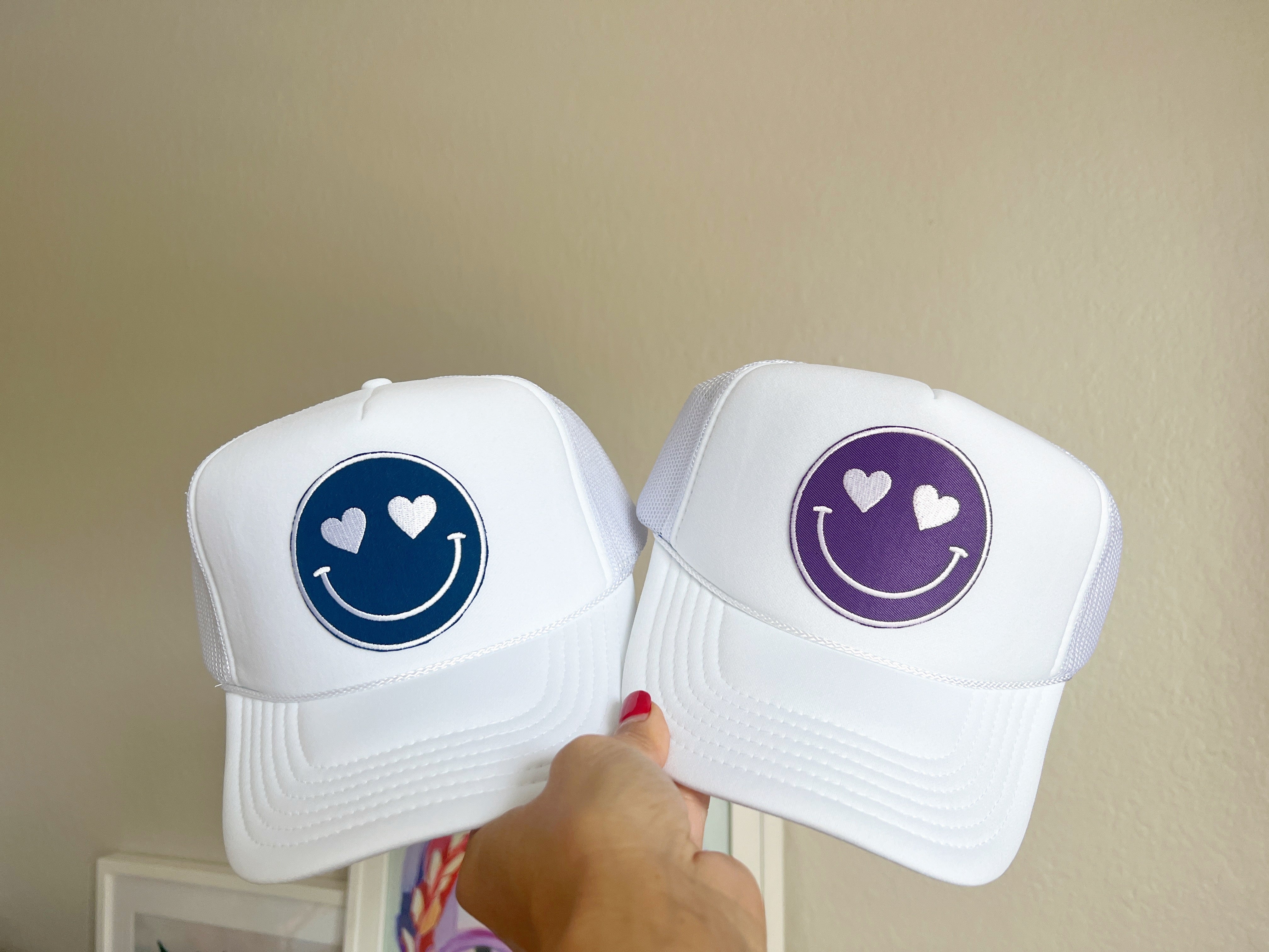Build Your Own White Happy Heart Trucker Hat by Confettees