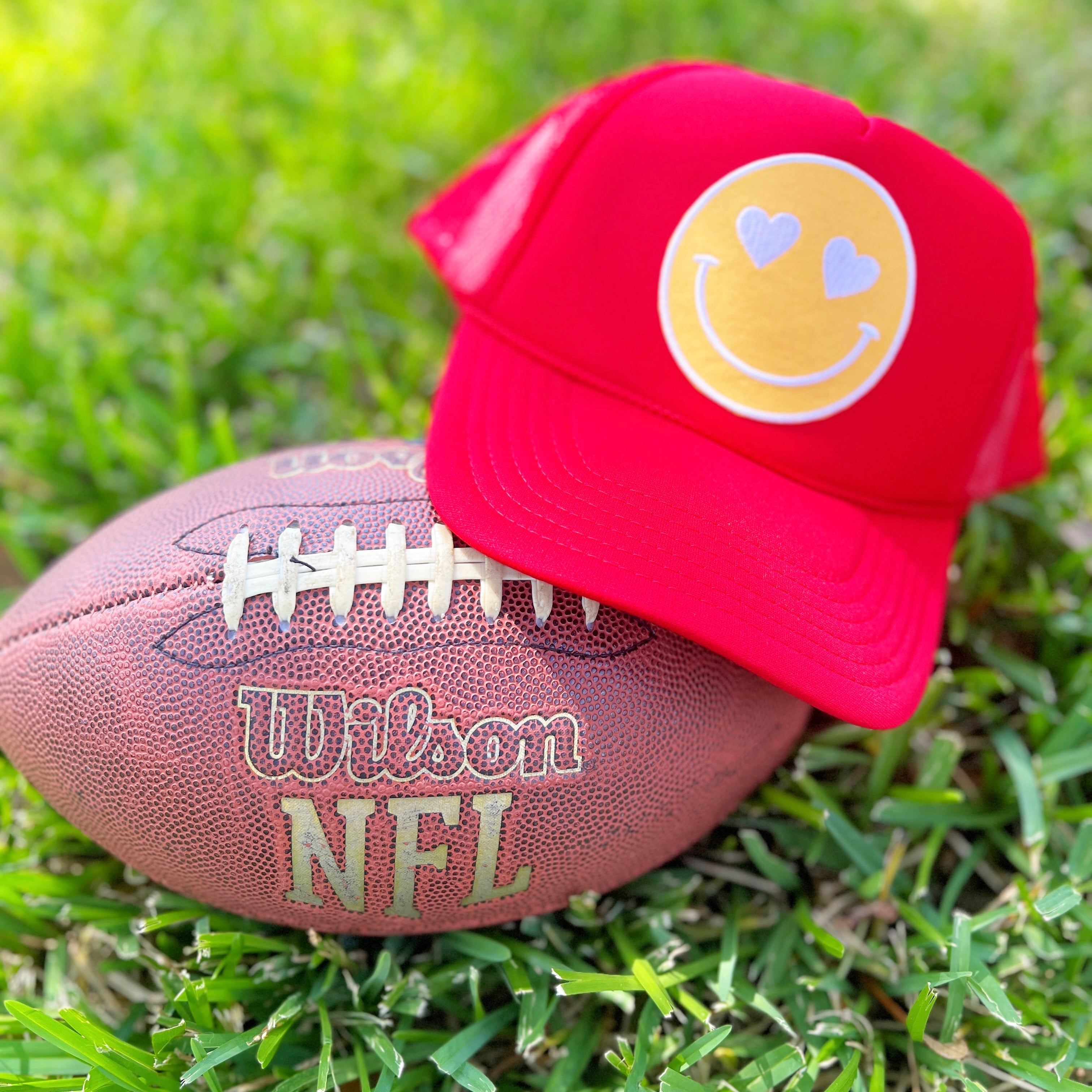 Build Your Own Red Happy Heart Trucker Hat by Confettees