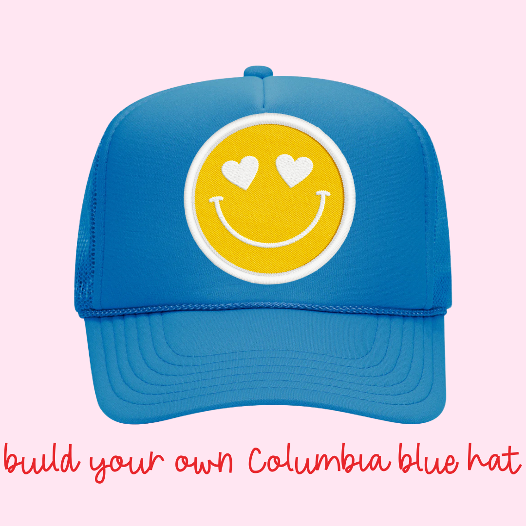 Build Your Own Columbia Blue Happy Heart Trucker Hat by Confettees