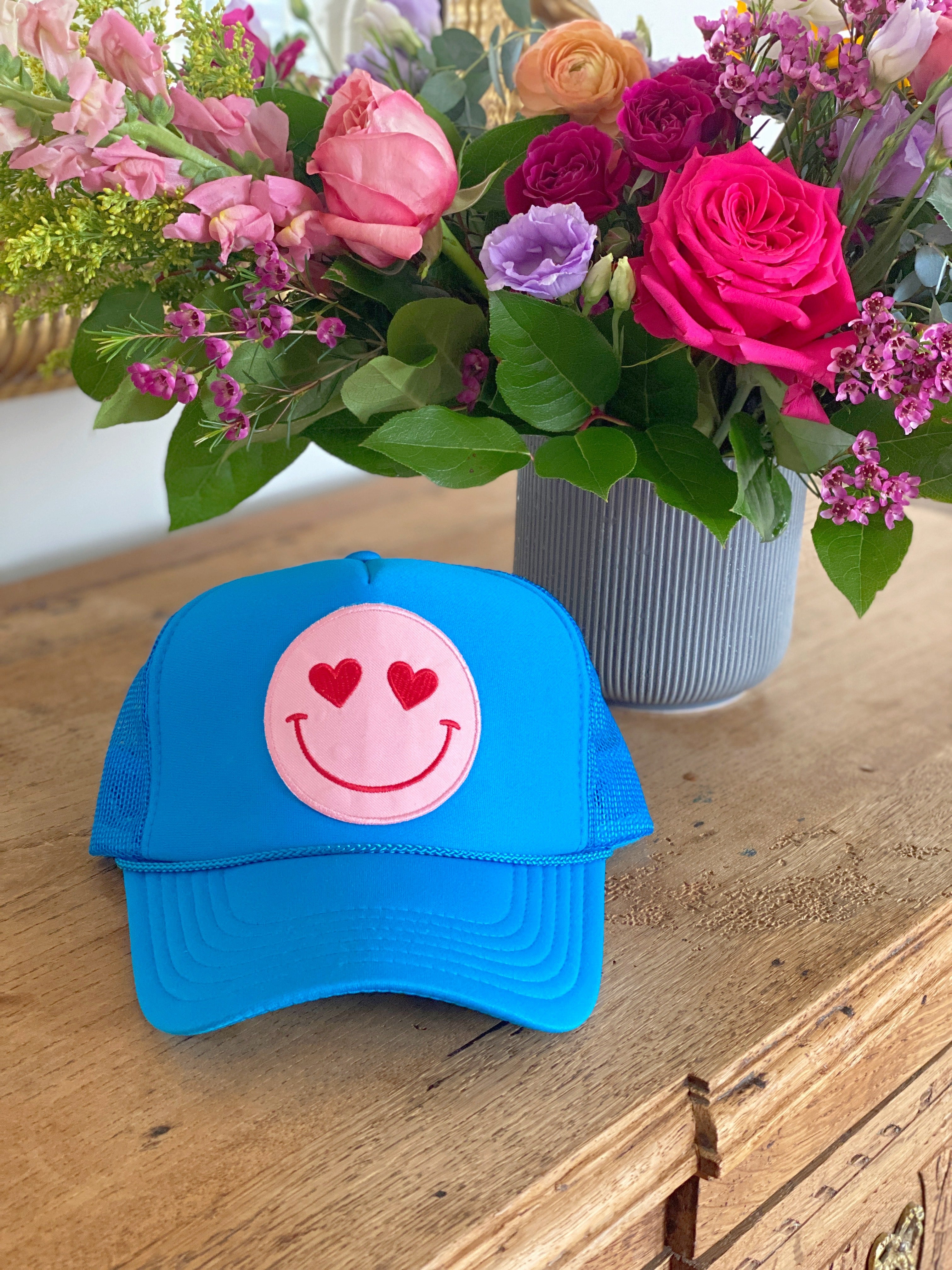Happy Heart Trucker Hat by Confettees - Neon Blue