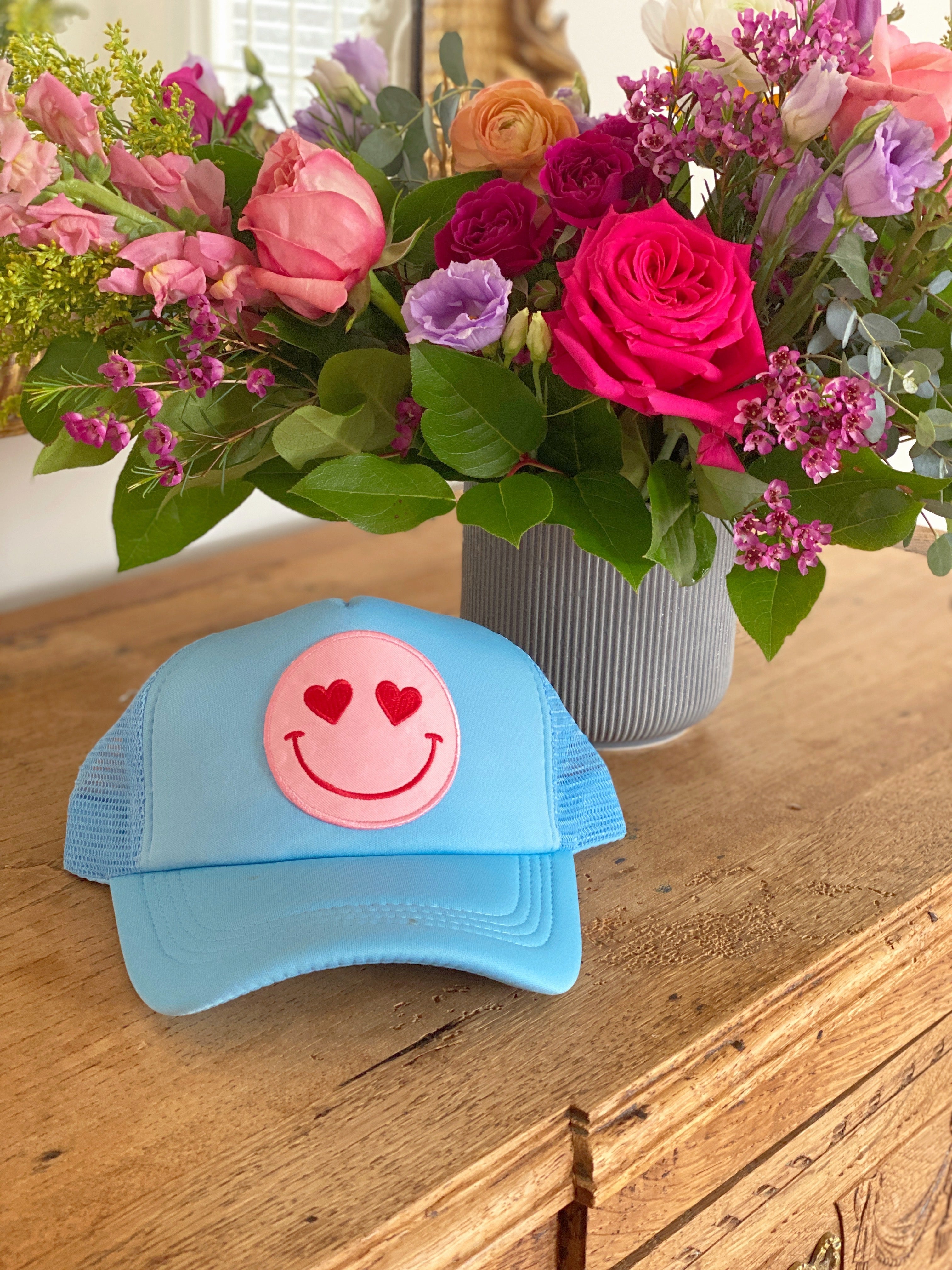 Happy Heart Trucker Hat by Confettees - Columbia Blue